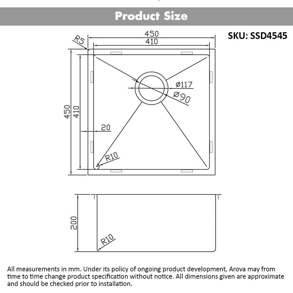 Ultimo 1.5mm 35L Medium Bowl Sink - SSD4545 Sinks Arova 