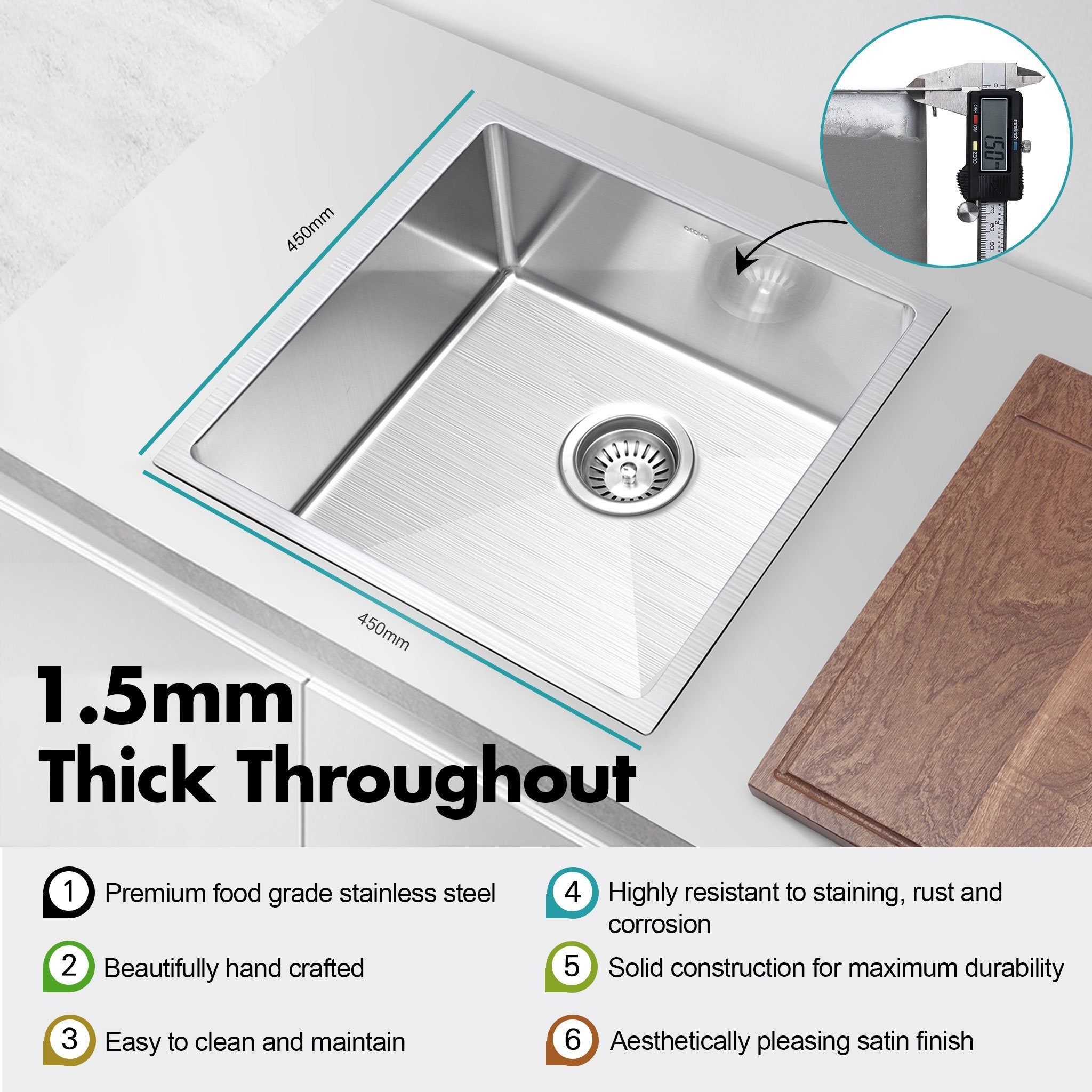 Ultimo 1.5mm 35L Medium Bowl Sink - SSD4545 Sinks Arova 